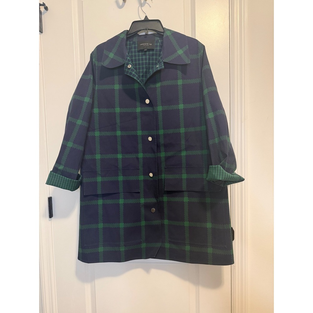 Lafayette 148 Plaid Snap Front McKinleigh Car Coat Womens L Navy Blue Green NWOT